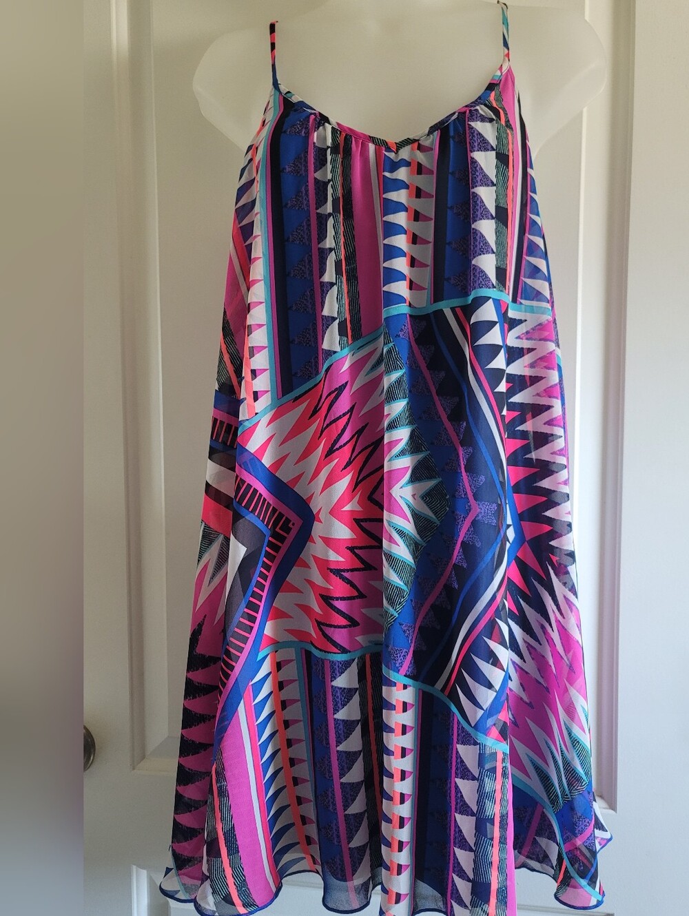 Express Multicolor Geometric Print Sleeveless Top - Blue, Pink & Teal